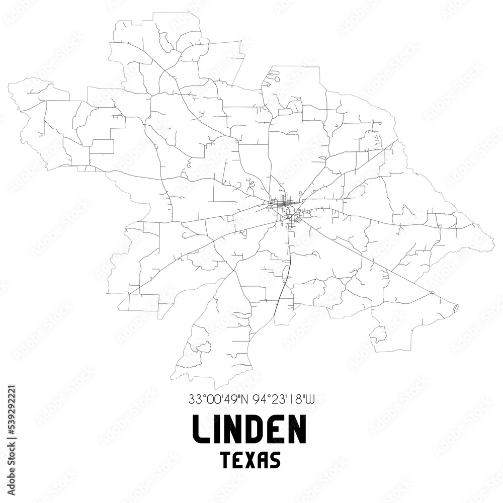 Linden Texas. US street map with black and white lines.