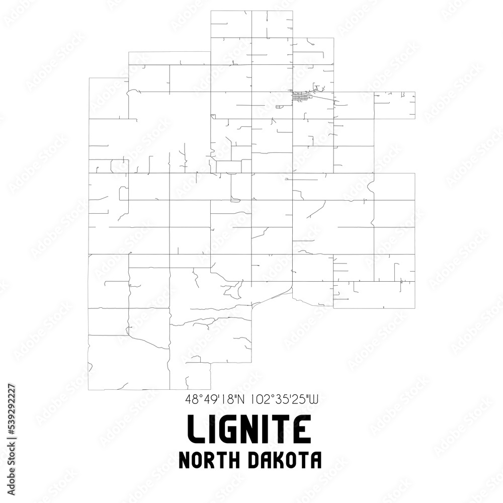 Lignite North Dakota. US street map with black and white lines.