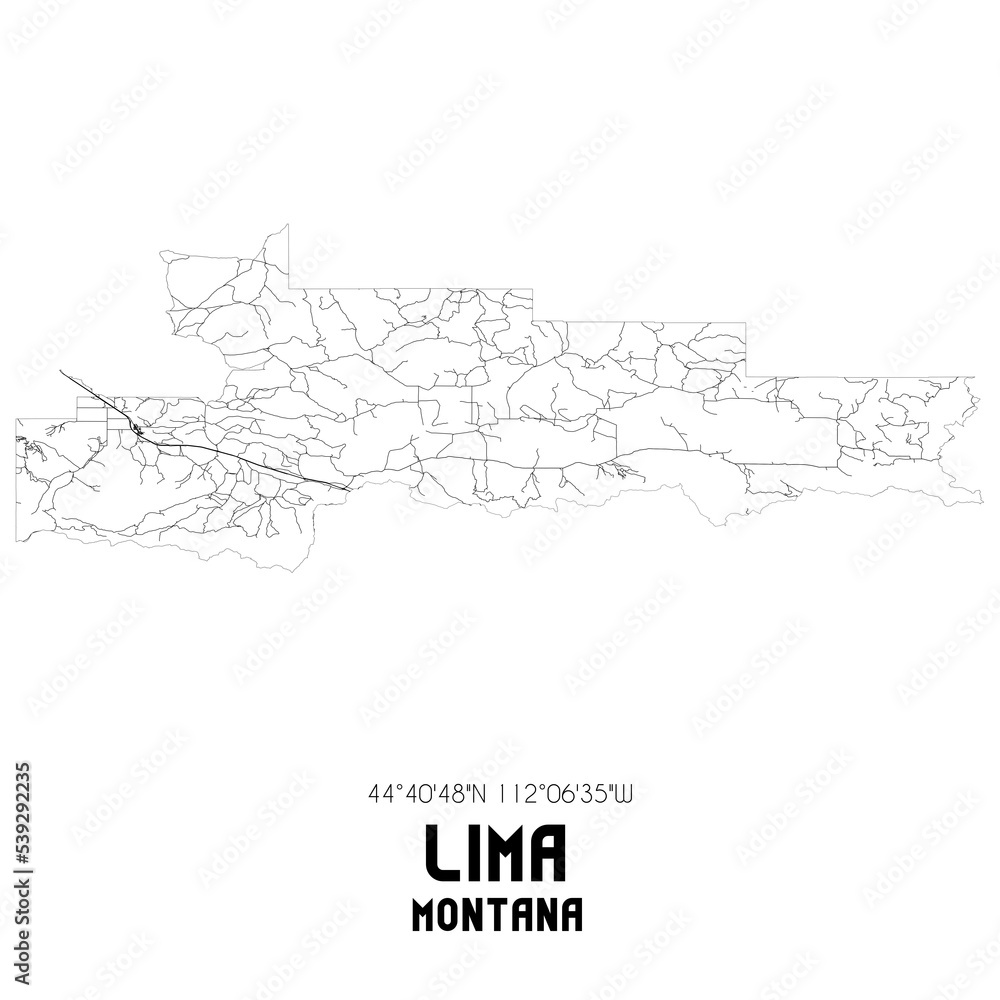 Lima Montana. US street map with black and white lines.