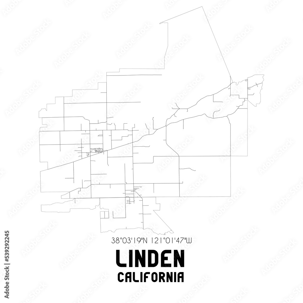 Linden California. US street map with black and white lines.