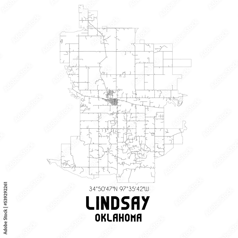 Lindsay Oklahoma. US street map with black and white lines.