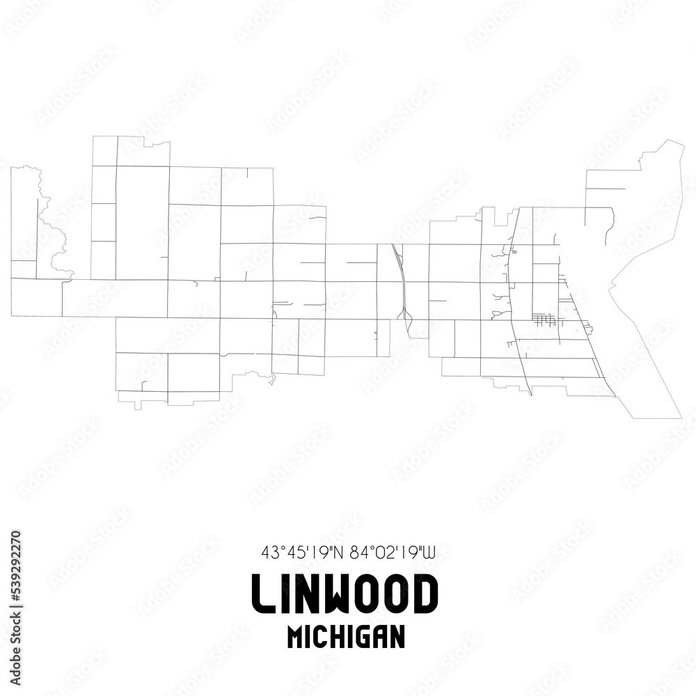 Linwood Michigan. US street map with black and white lines.