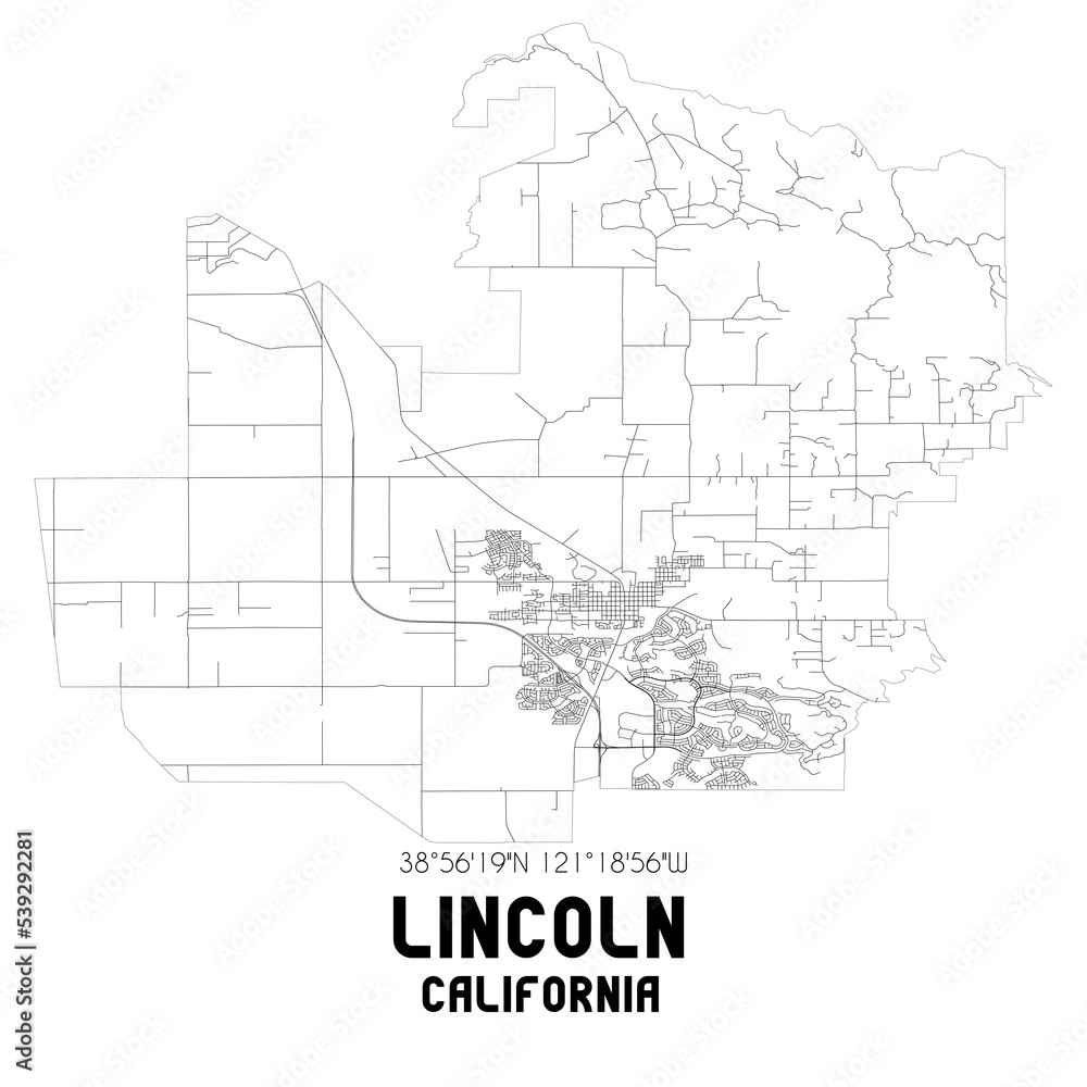 Lincoln California. US street map with black and white lines.