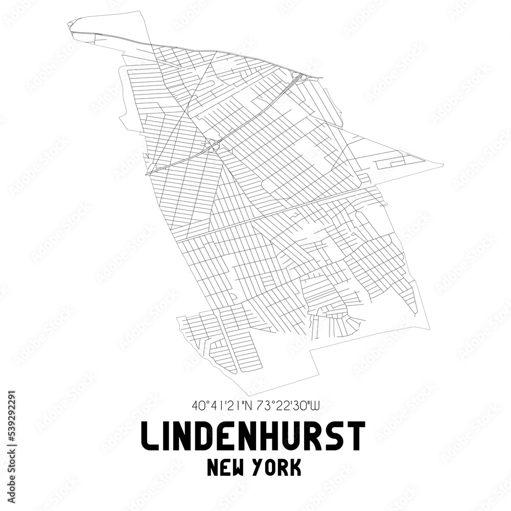 Lindenhurst New York. US street map with black and white lines.