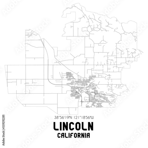 Lincoln California. US street map with black and white lines.