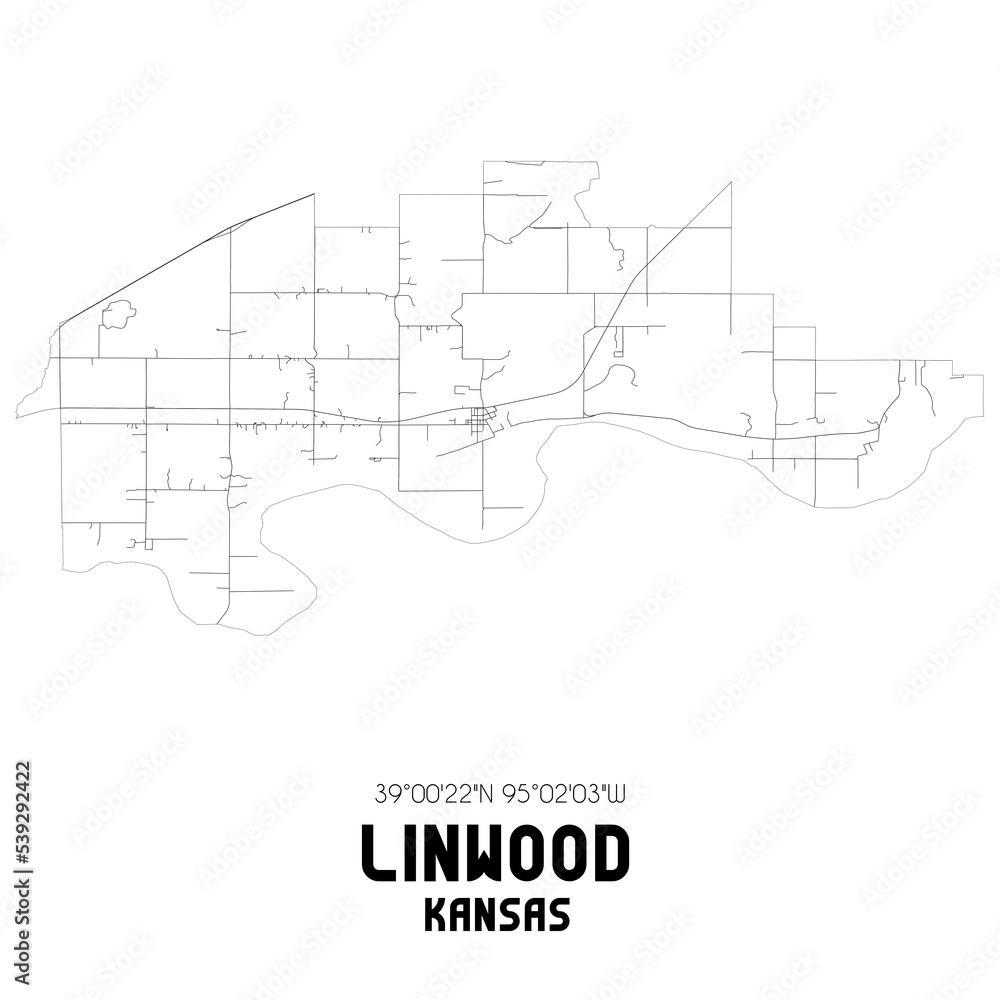 Linwood Kansas. US street map with black and white lines.