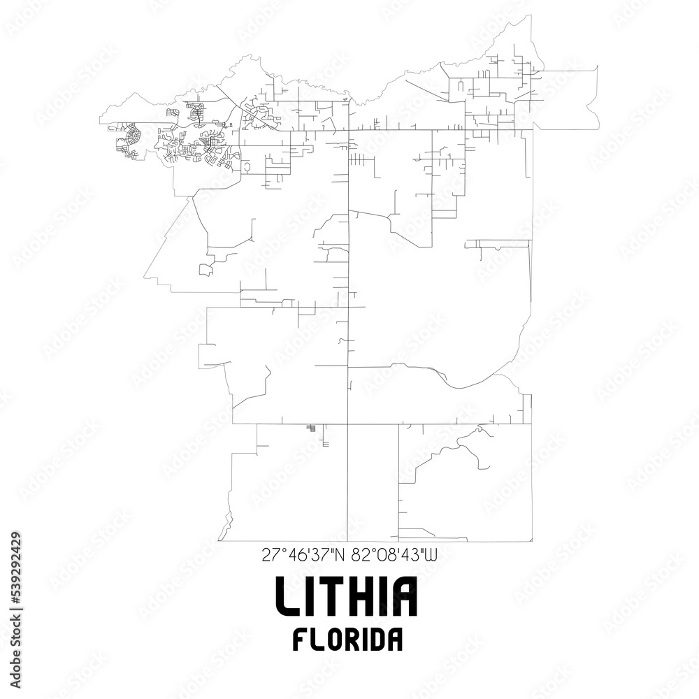 Lithia Florida. US street map with black and white lines.