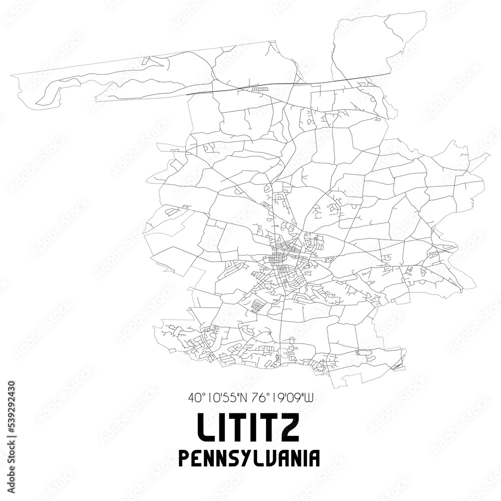 Lititz Pennsylvania. US street map with black and white lines.