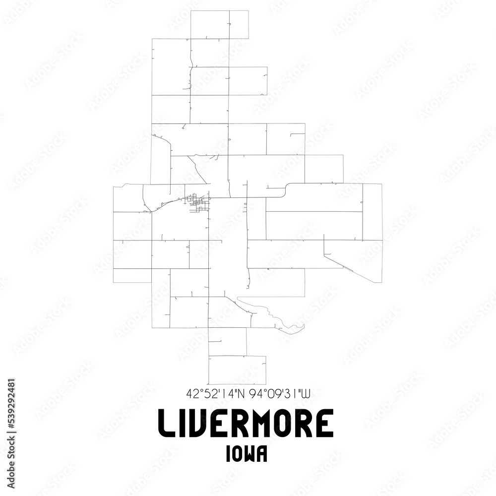Livermore Iowa. US street map with black and white lines.