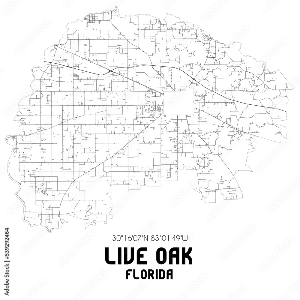 Live Oak Florida. US street map with black and white lines.