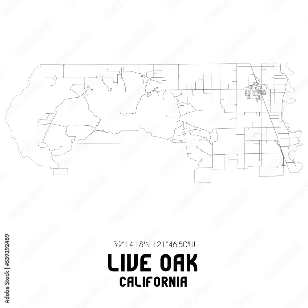 Live Oak California. US street map with black and white lines.