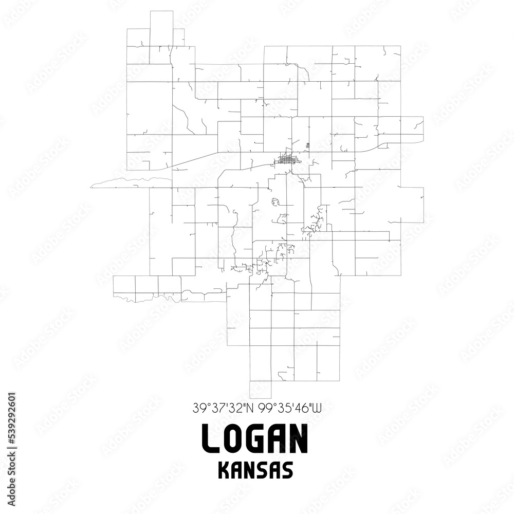 Logan Kansas. US street map with black and white lines.