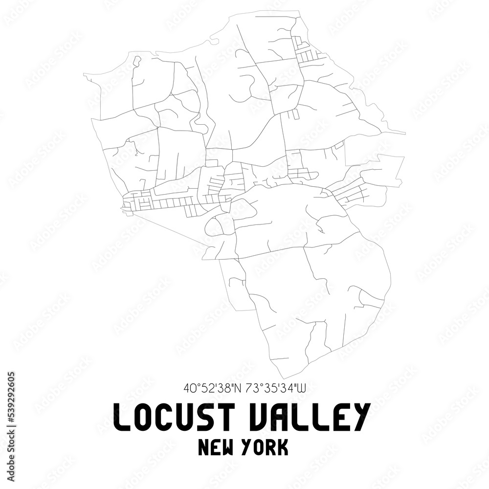 Locust Valley New York. US street map with black and white lines.