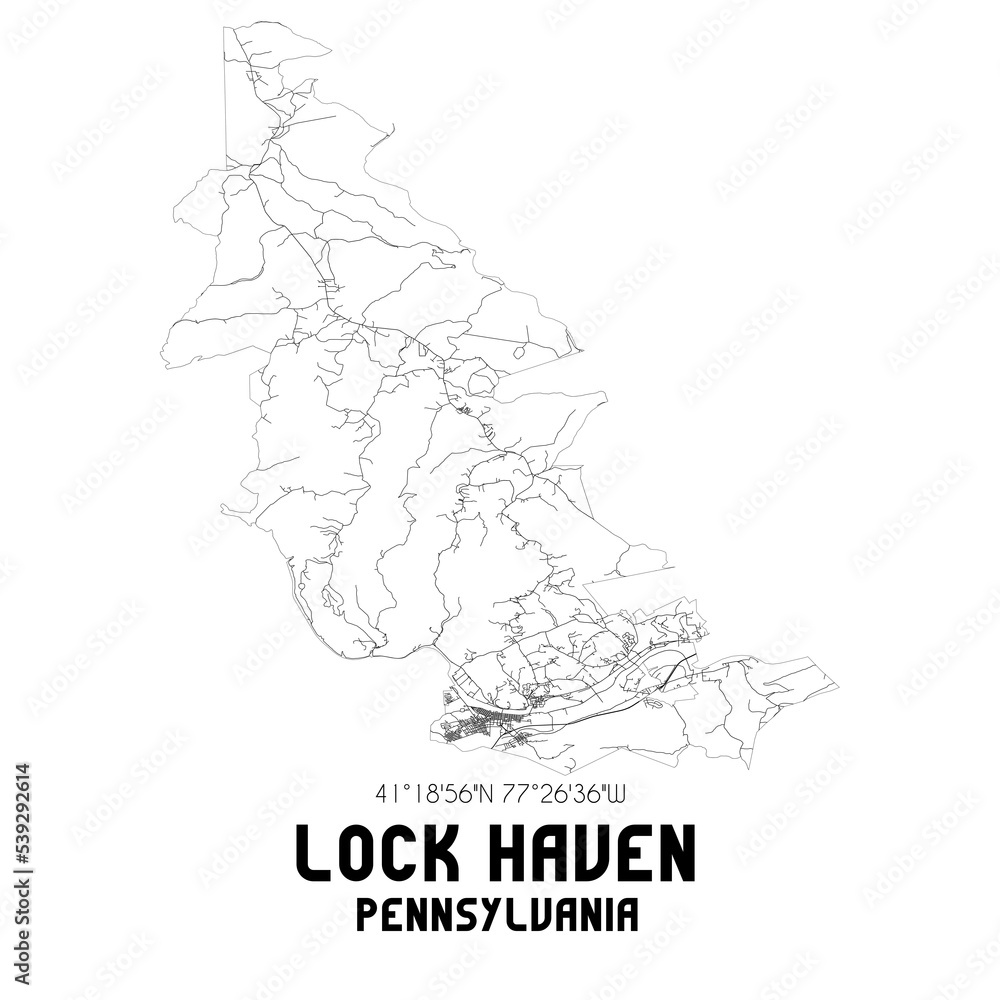 Lock Haven Pennsylvania. US street map with black and white lines.