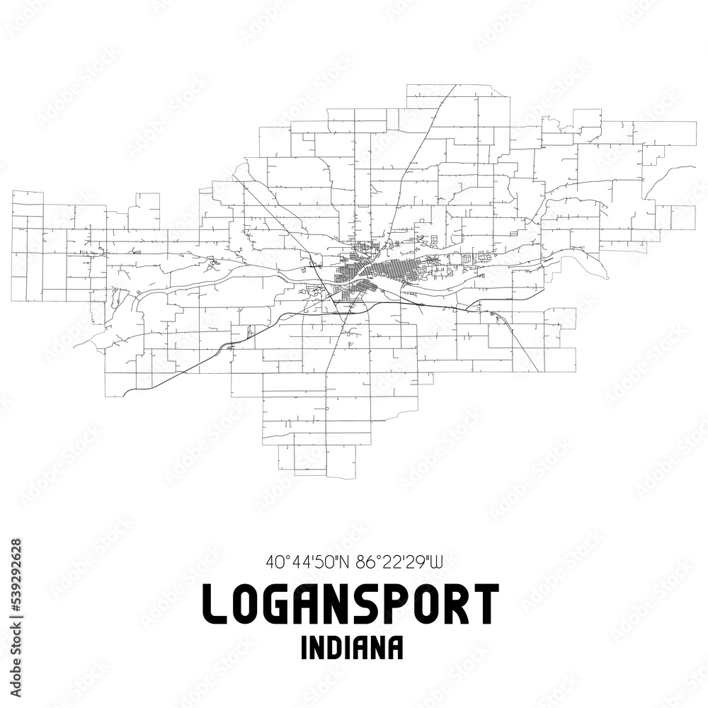 Logansport Indiana. US street map with black and white lines.