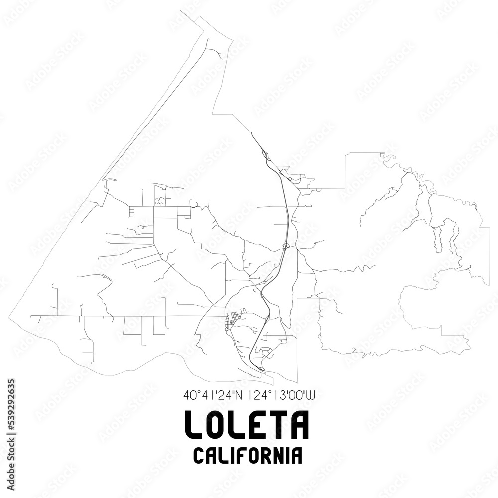 Loleta California. US street map with black and white lines.