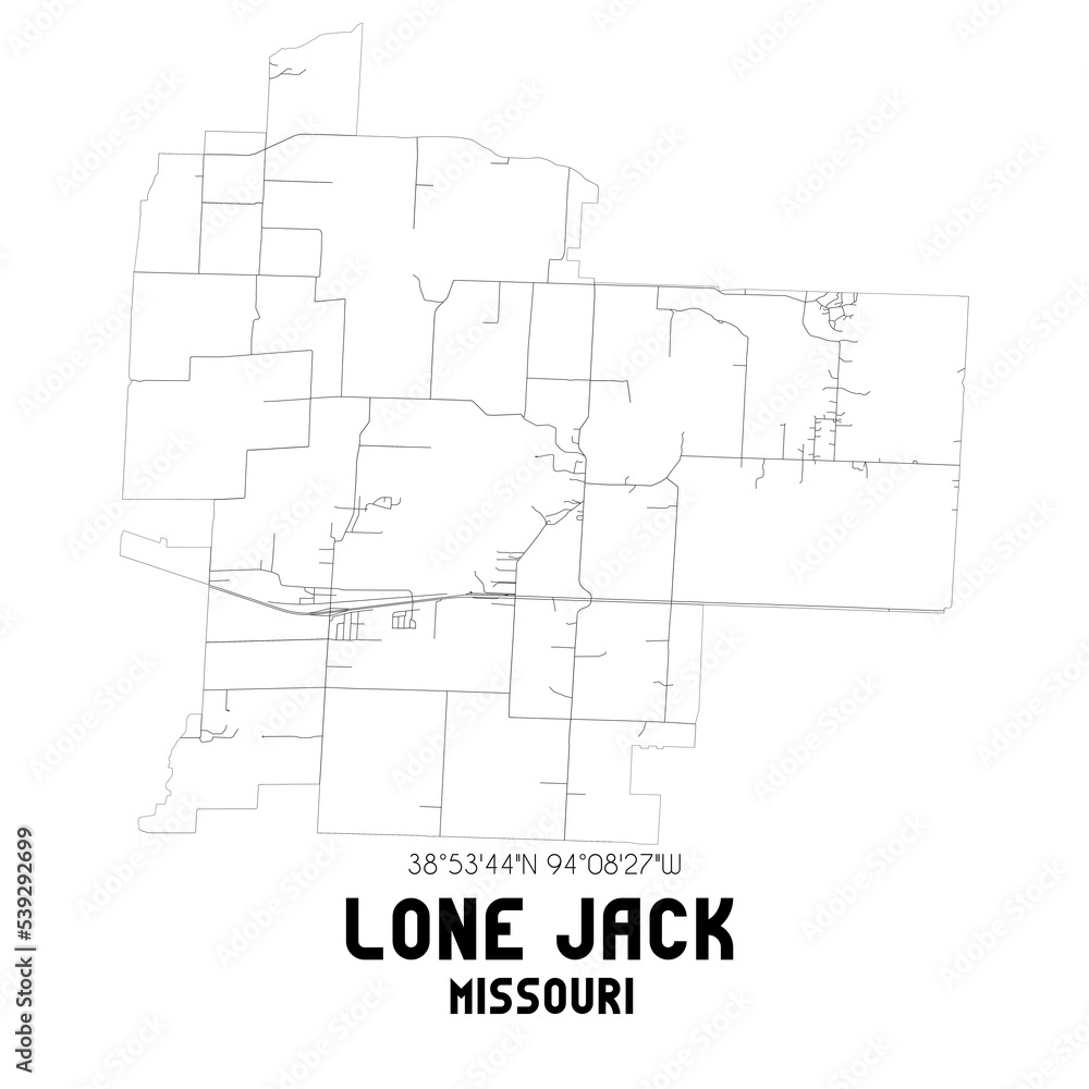 Lone Jack Missouri. US street map with black and white lines.