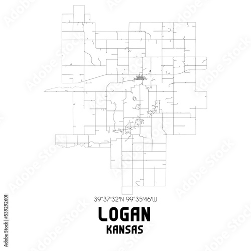 Logan Kansas. US street map with black and white lines.