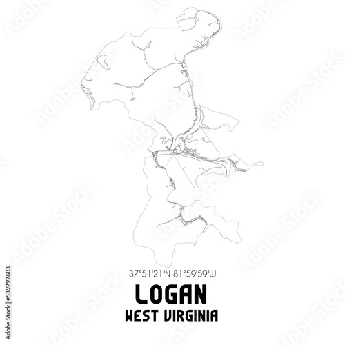 Logan West Virginia. US street map with black and white lines.