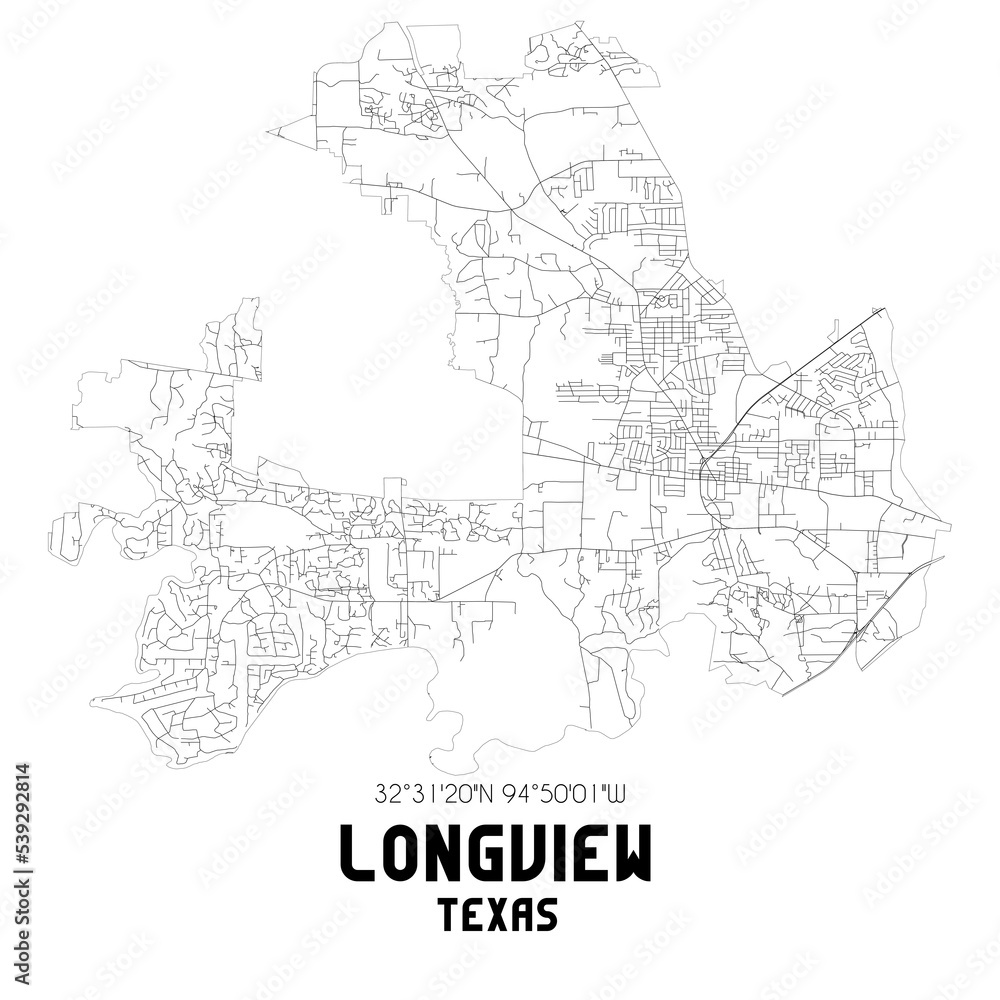 Longview Texas. US street map with black and white lines.
