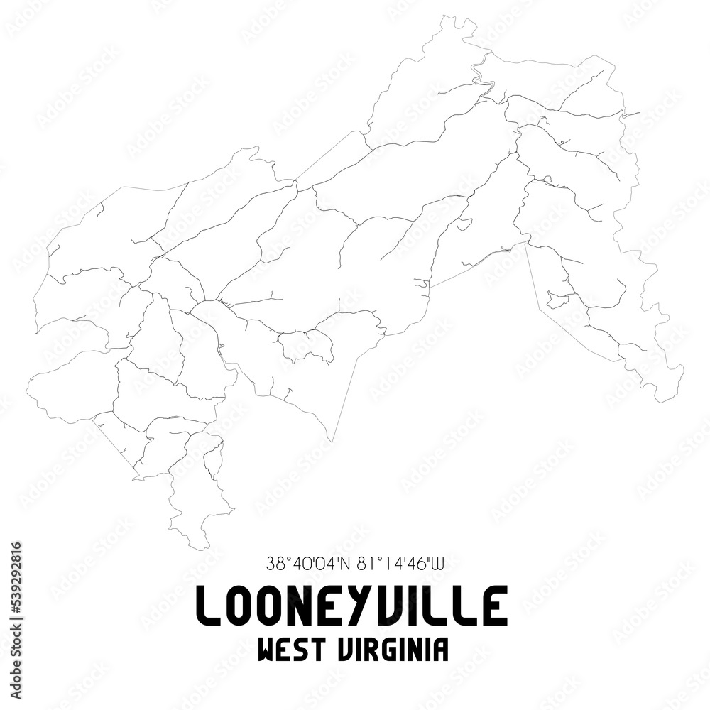 Looneyville West Virginia. US street map with black and white lines.
