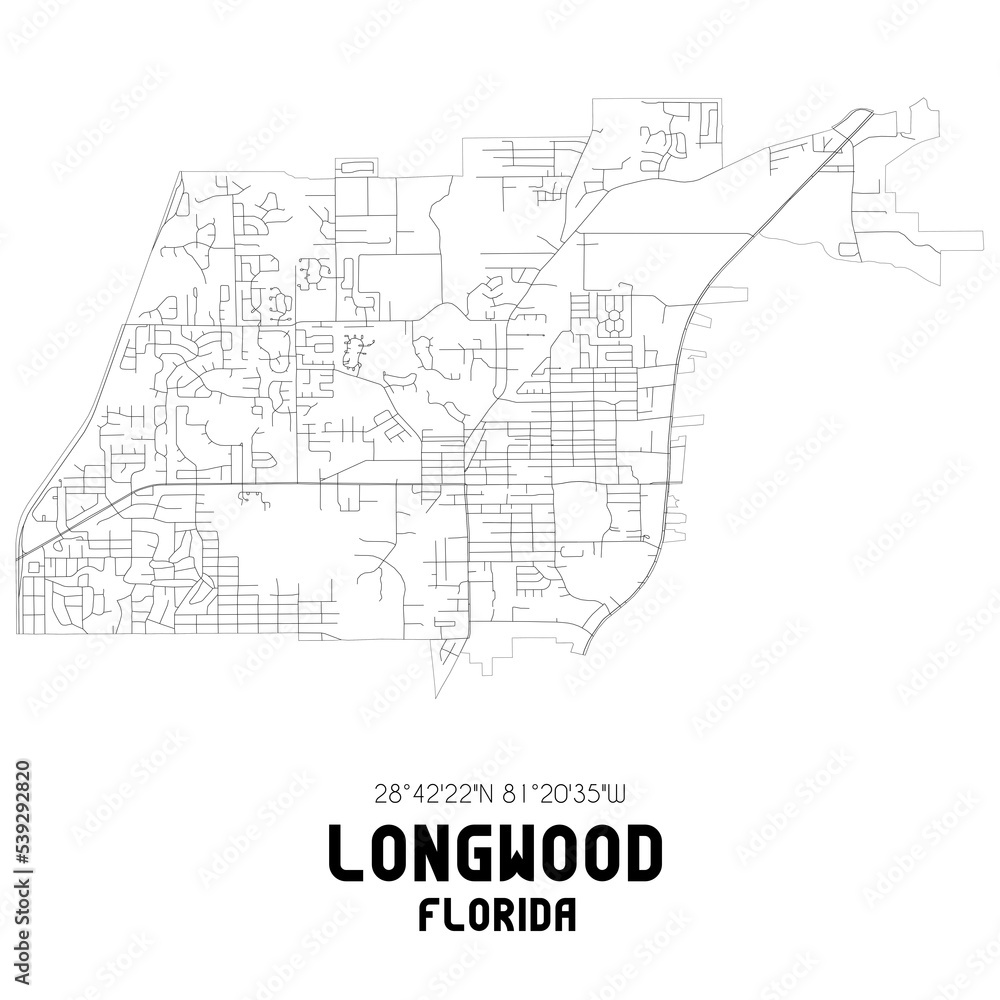 Longwood Florida. US street map with black and white lines.