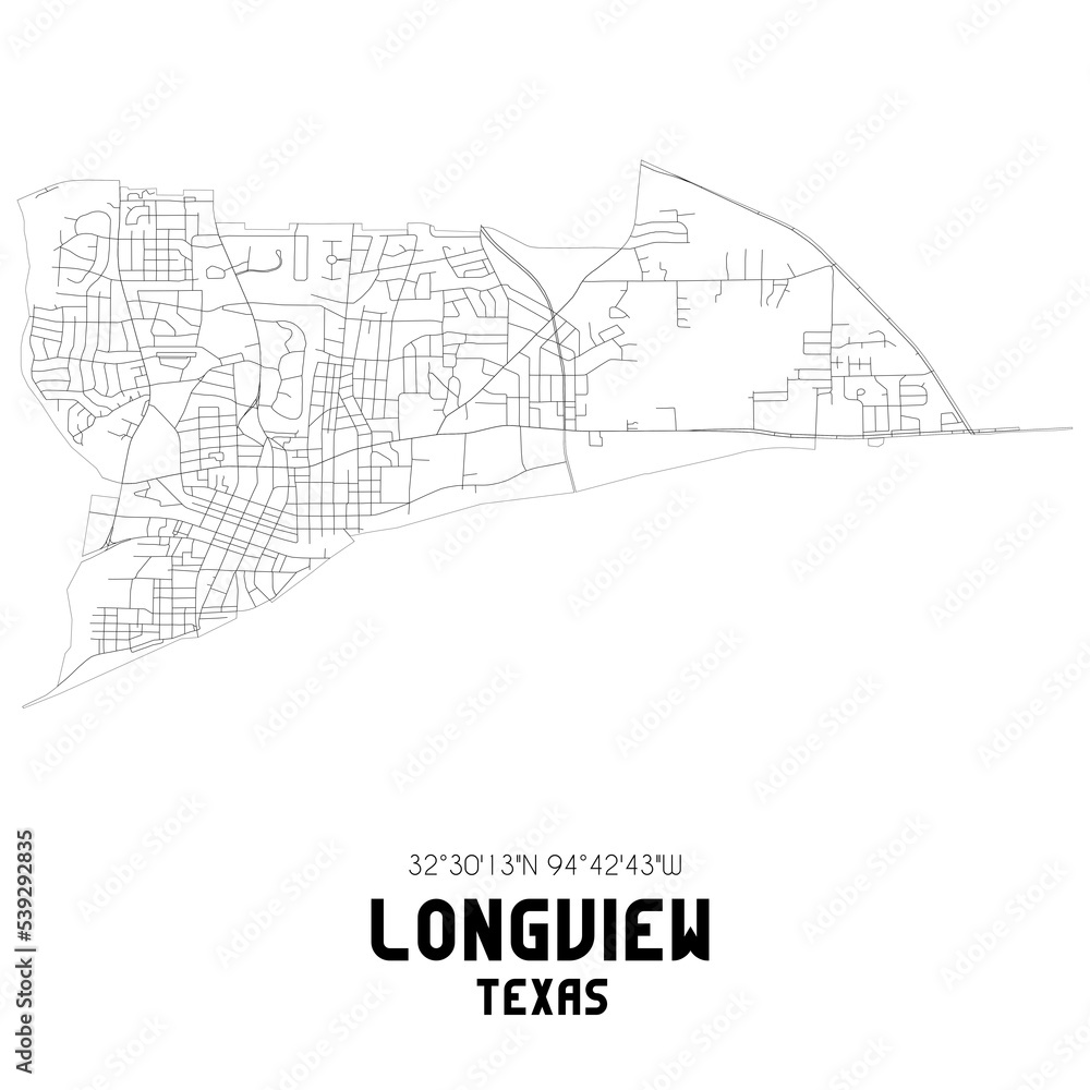 Longview Texas. US street map with black and white lines.