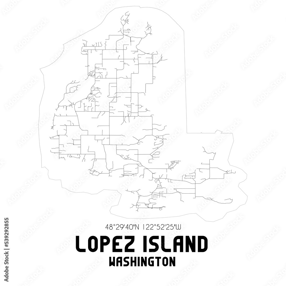 Lopez Island Washington. US street map with black and white lines.