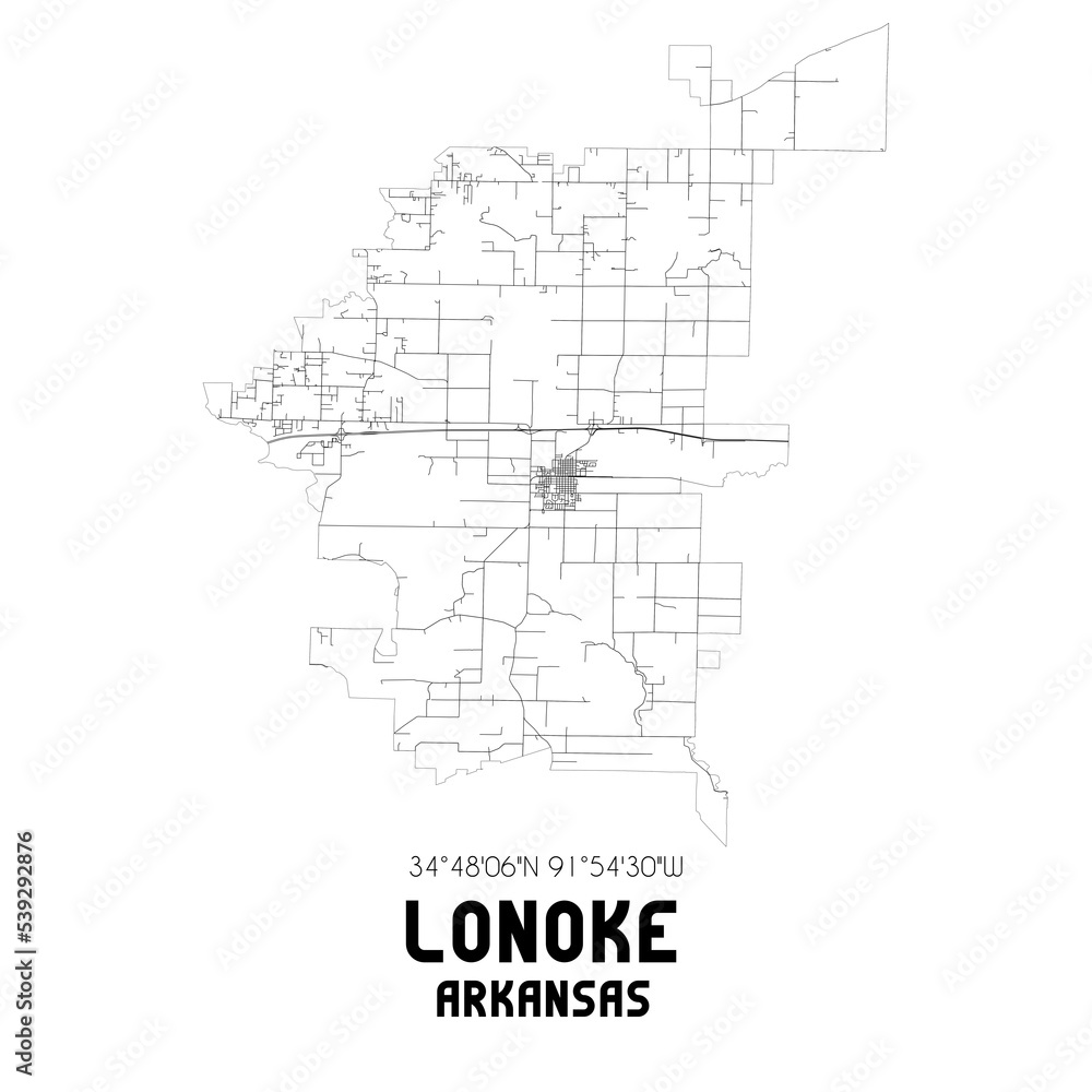 Lonoke Arkansas. US street map with black and white lines.