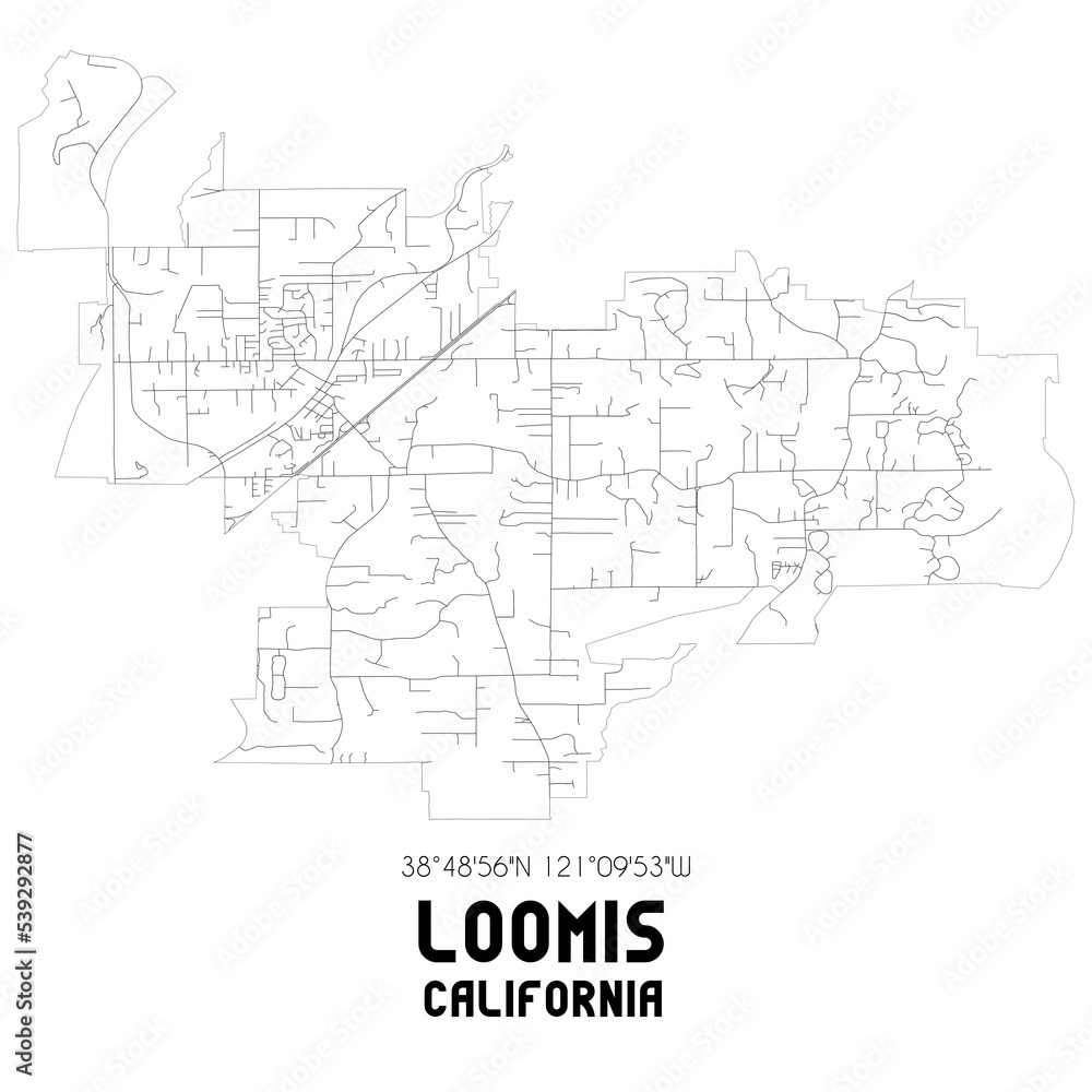 Loomis California. US street map with black and white lines.