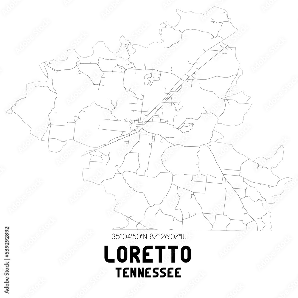 Loretto Tennessee. US street map with black and white lines.