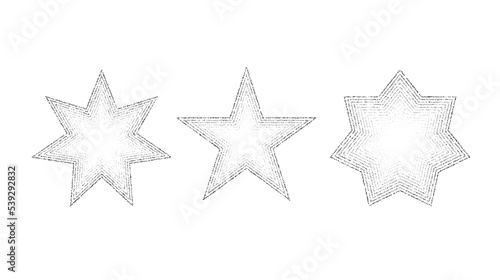 Dotted grain stars set. Black stippled shapes collection. Various noise textured asterisks. Different halftone dot work stellar forms. Vector stochastic
