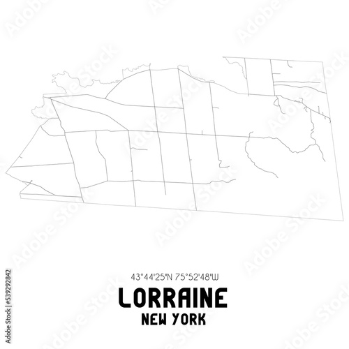 Lorraine New York. US street map with black and white lines.