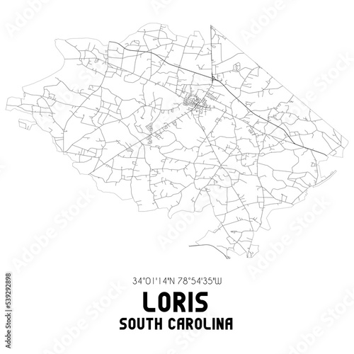 Loris South Carolina. US street map with black and white lines.