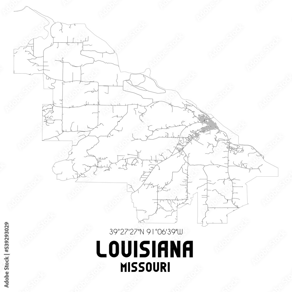 Louisiana Missouri. US street map with black and white lines.