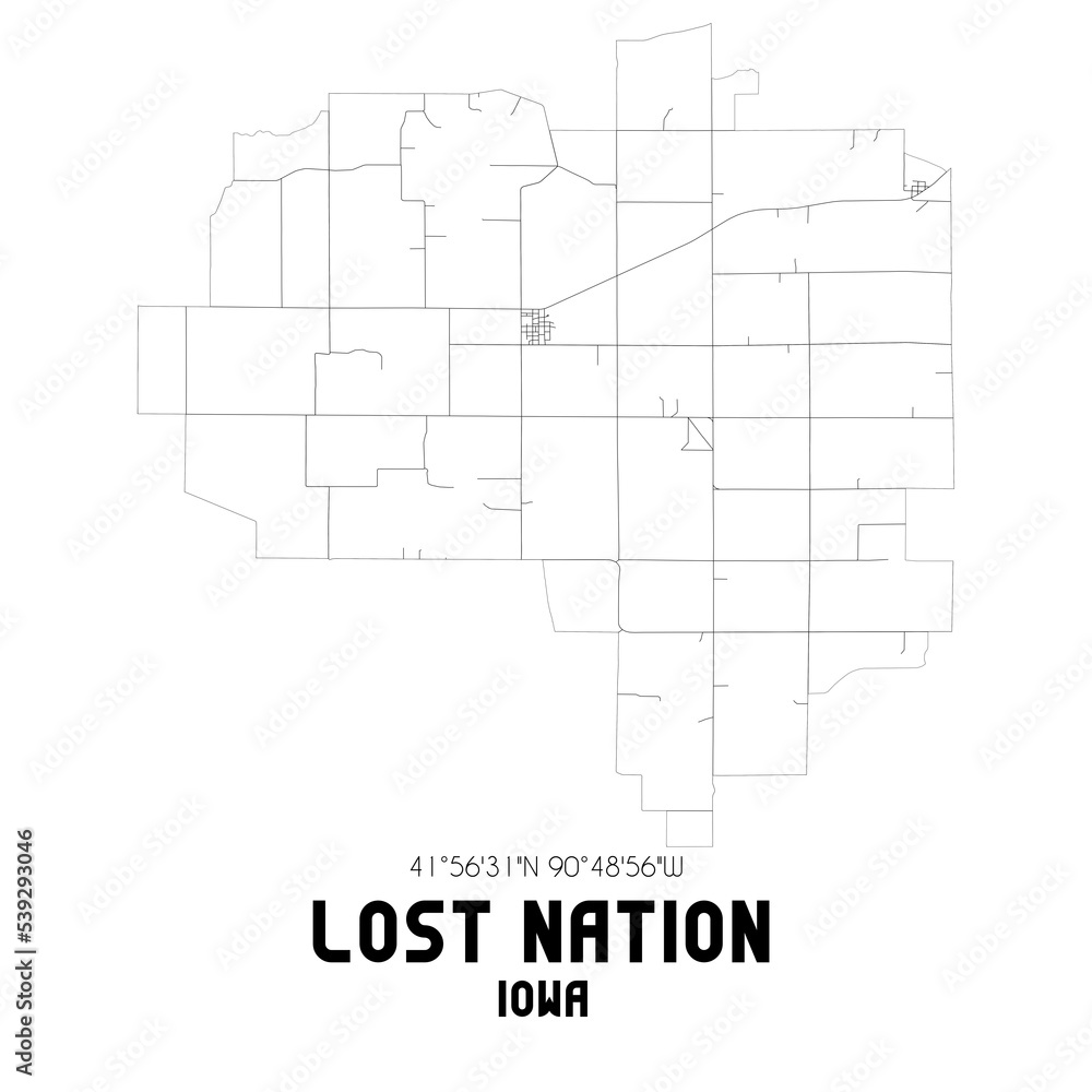 Lost Nation Iowa. US street map with black and white lines.