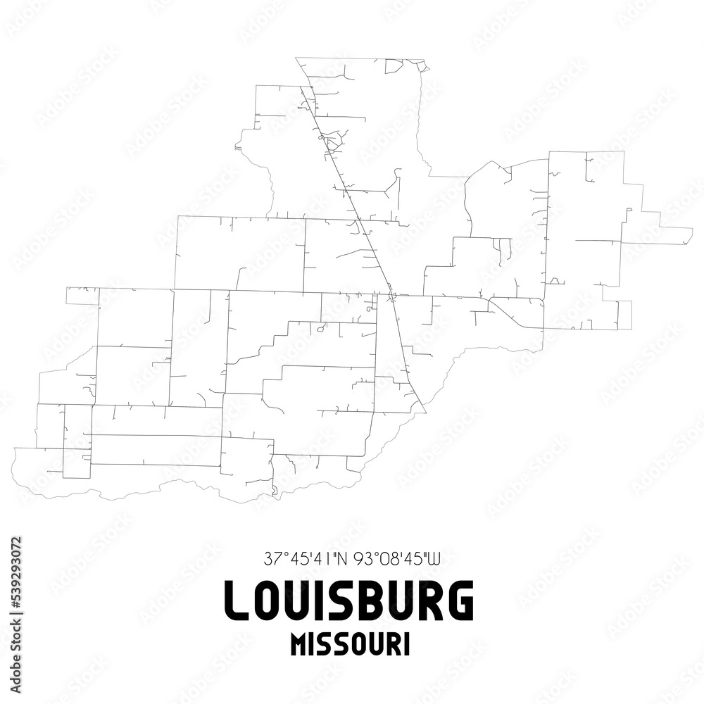 Louisburg Missouri. US street map with black and white lines.