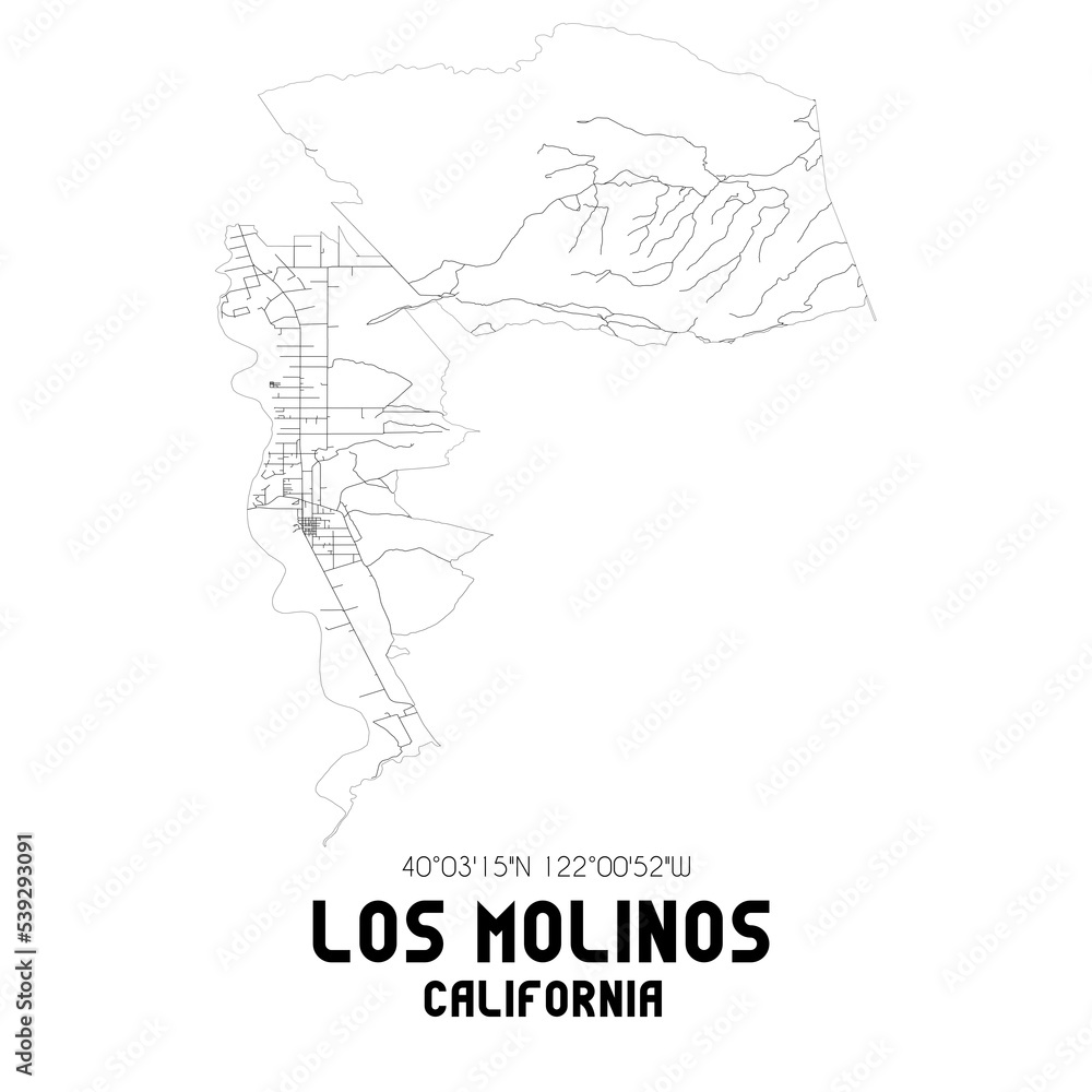 Los Molinos California. US street map with black and white lines.
