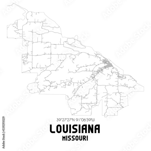 Louisiana Missouri. US street map with black and white lines.