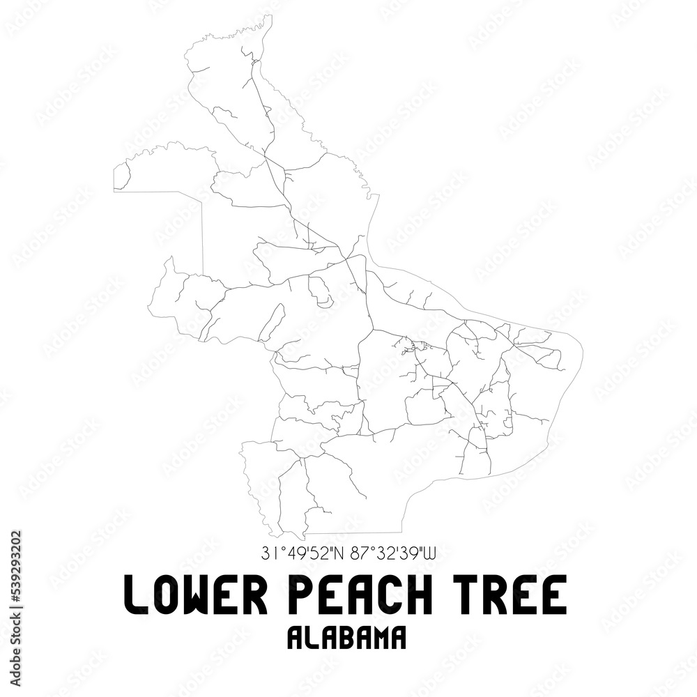 Lower Peach Tree Alabama. US street map with black and white lines.