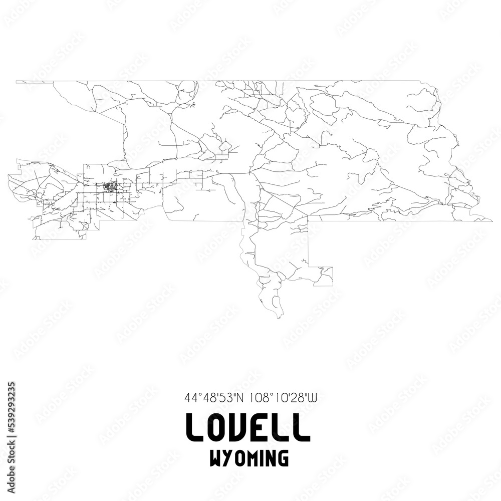 Lovell Wyoming. US street map with black and white lines.