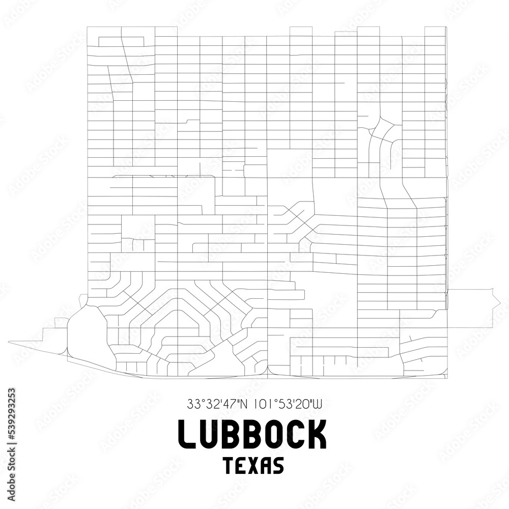 Lubbock Texas. US street map with black and white lines.