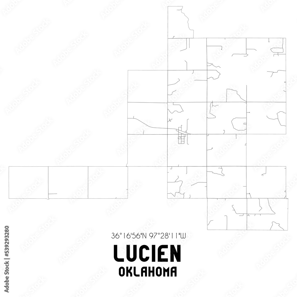 Lucien Oklahoma. US street map with black and white lines.