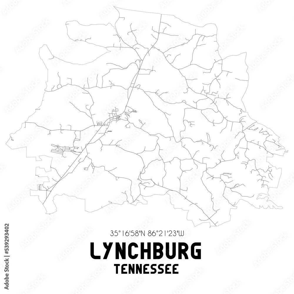 Lynchburg Tennessee. US street map with black and white lines.