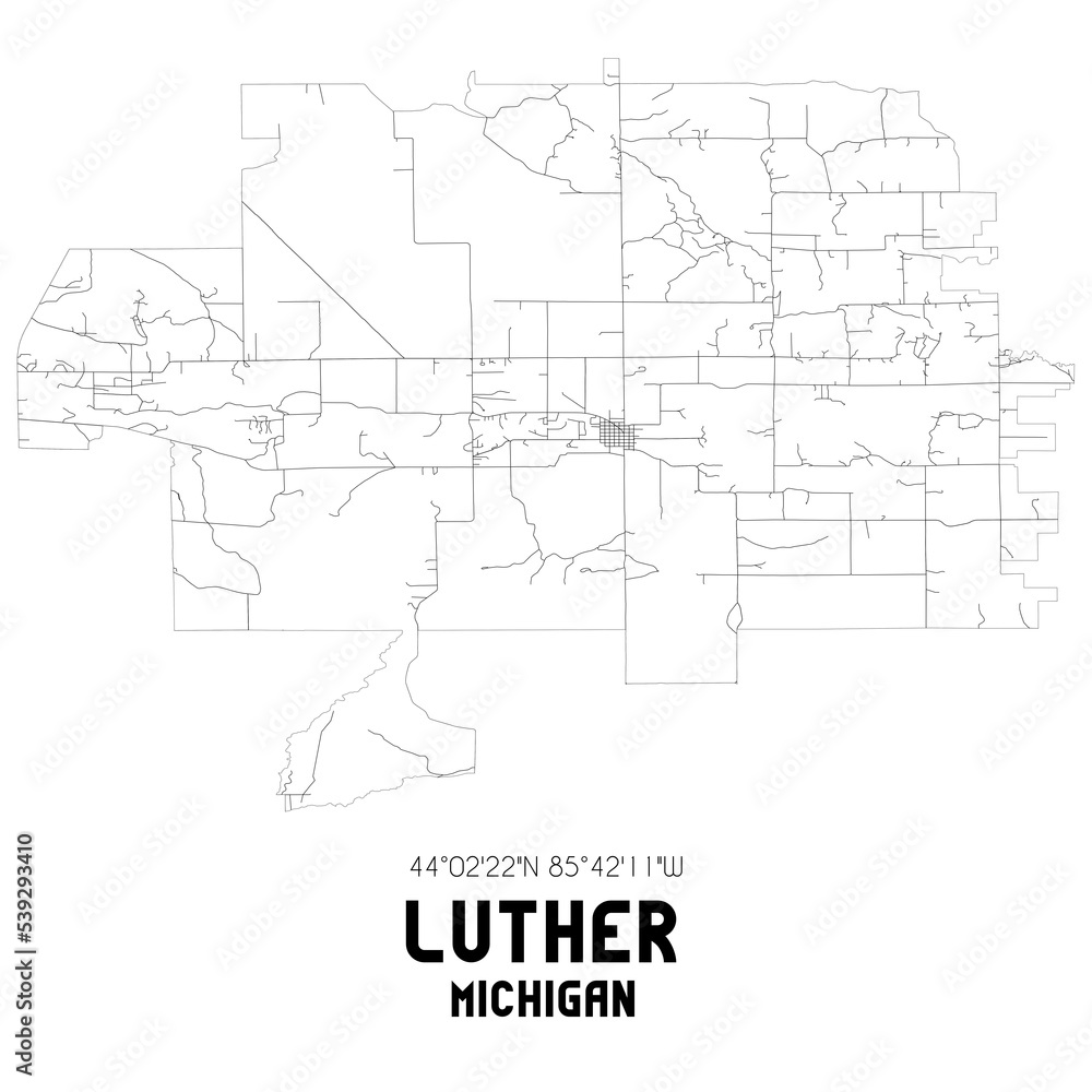 Luther Michigan. US street map with black and white lines.
