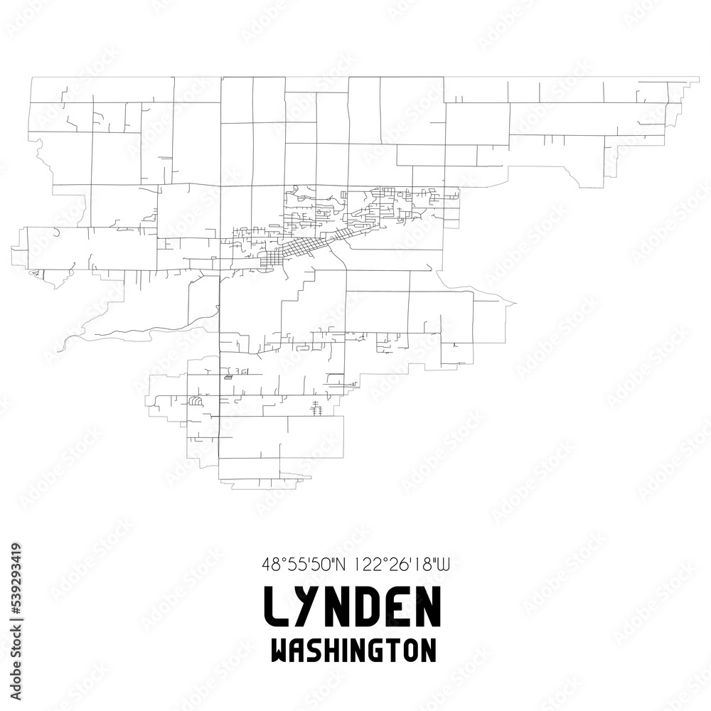 Lynden Washington. US street map with black and white lines.