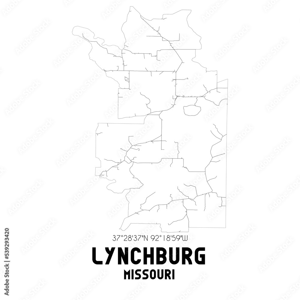 Lynchburg Missouri. US street map with black and white lines.