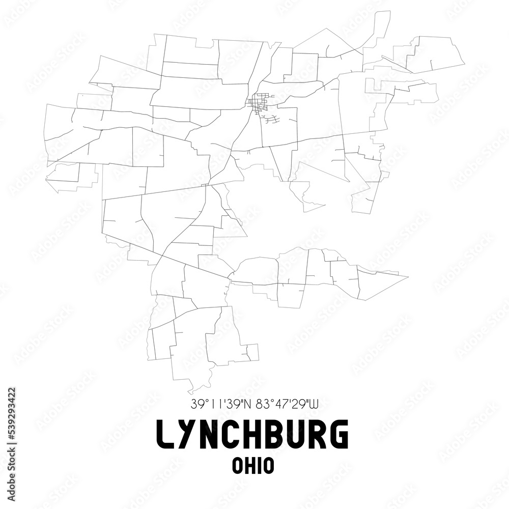 Lynchburg Ohio. US street map with black and white lines.
