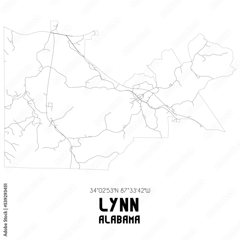 Lynn Alabama. US street map with black and white lines.