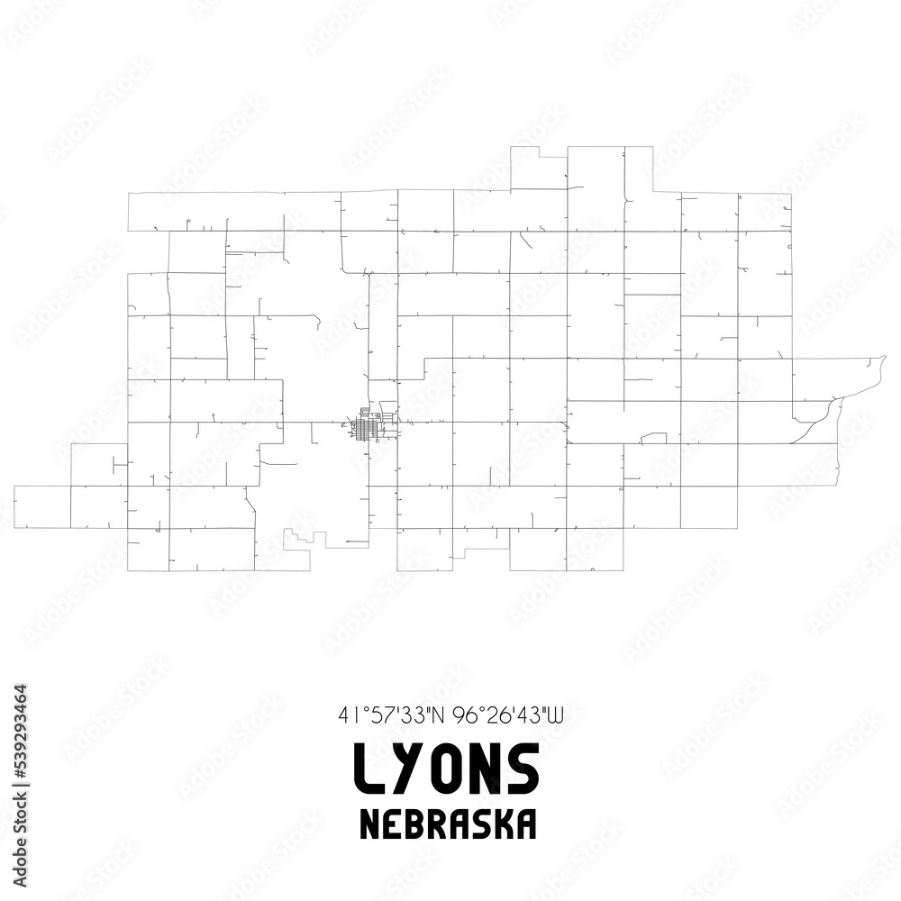 Lyons Nebraska. US street map with black and white lines.